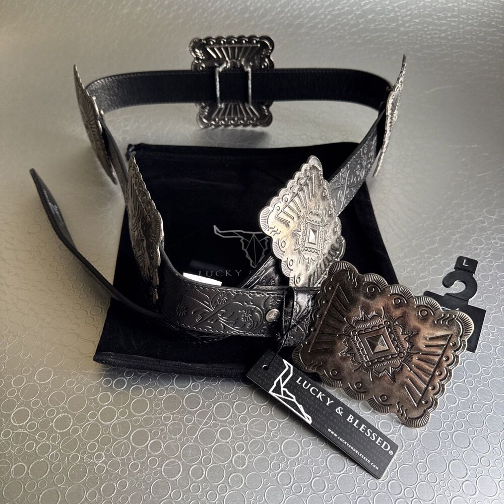 New Lucky & Blessed Black Embossed Concho Belt - Size L Runs Bigger Dust Bag